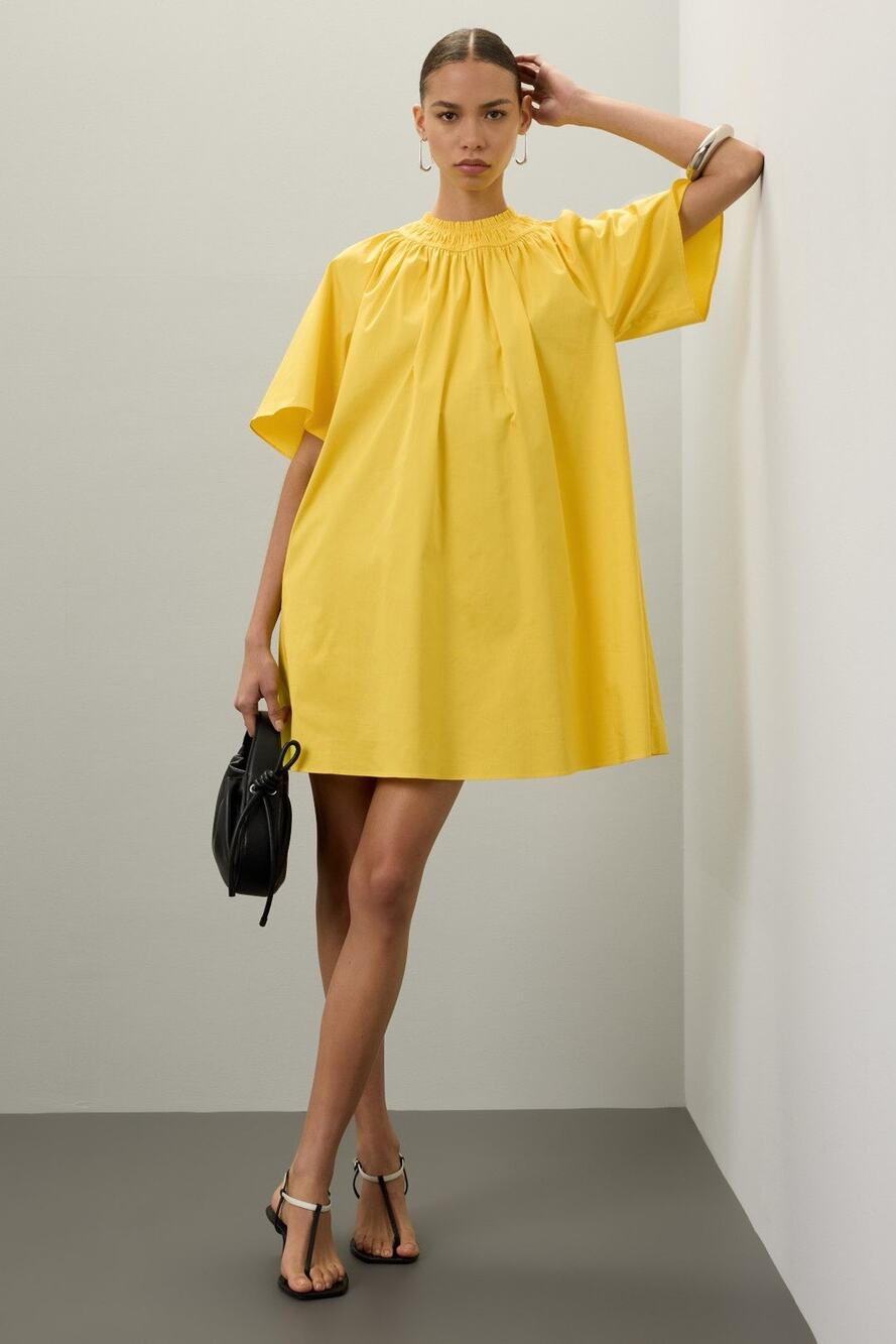 ROKSANDA COLLECTIVE Yellow Mock Neck Cotton Blend Black Bow Mini Dress Size L